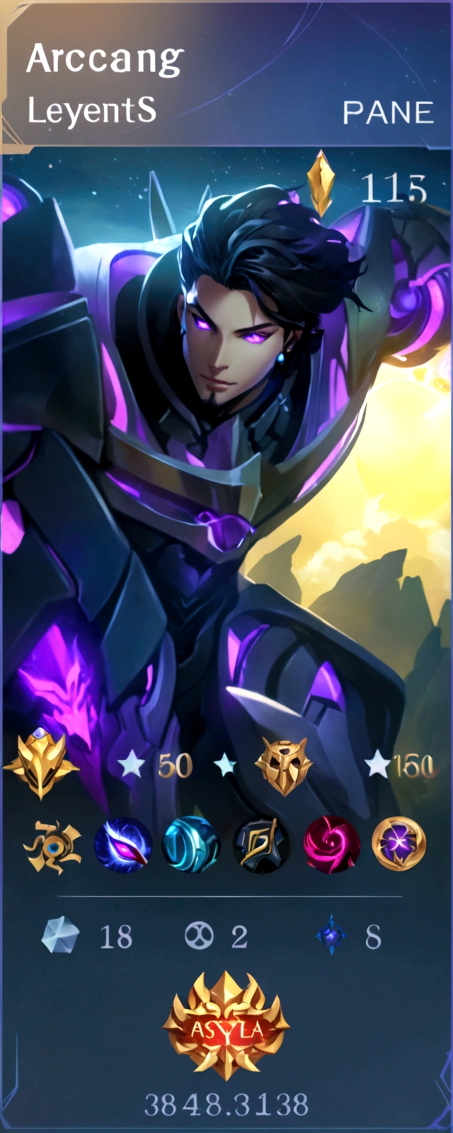 a close up of a card with a character on it, heise jinyao, → ⃣ spectrum darkness prime, arcane jayce, painted in the style arcane, kda, sylas, leblanc, darkness aura, tane skin, ethereal and mecha theme, aurelion sol, this character has cryokinesis, purple glowing core in armor