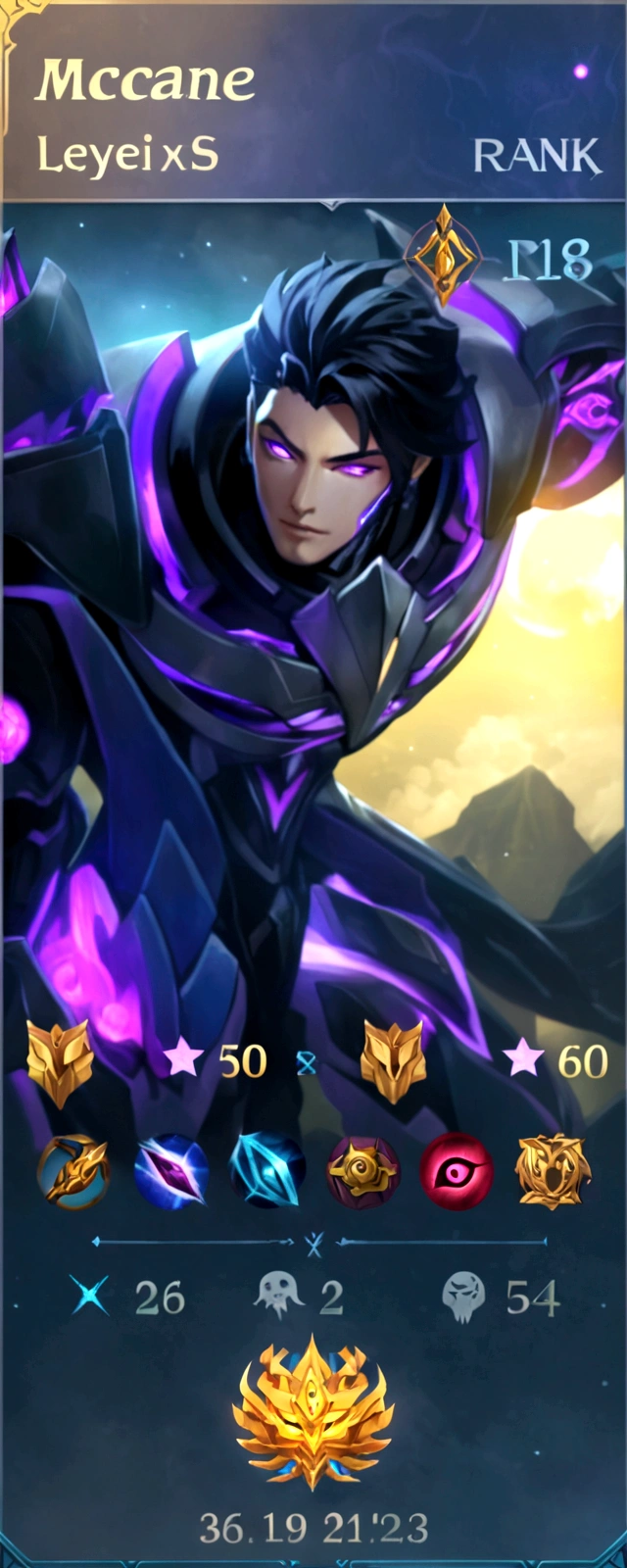 a close up of a card with a character on it, heise jinyao, → ⃣ spectrum darkness prime, arcane jayce, painted in the style arcane, kda, sylas, leblanc, darkness aura, tane skin, ethereal and mecha theme, aurelion sol, this character has cryokinesis, purple glowing core in armor