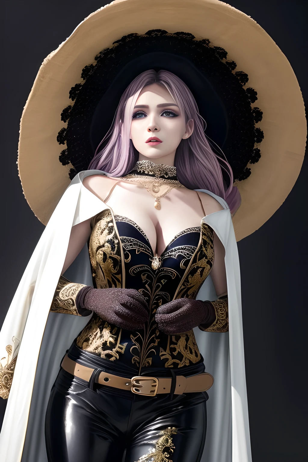 1girl,Wearing an elegant and fashionable suit. Wearing a wide-brimmed hat with delicate floral decorations. Wearing a long white trench coat, the buttons and belt design of the trench coat add a touch of classicism. Wearing a dark striped suit, including a suit jacket and pants, and wearing black gloves on his hands,,beautiful detailed eyes, beautiful detailed lips, extremely detailed eyes and face, long eyelashes, best quality, 4k, 8k, highres, masterpiece, ultra-detailed, realistic, photorealistic, photo-realistic, ethereal glow, regal elegance, intricate details, luxurious, otherworldly beauty, dark atmospheric background, supernatural aura, elise,