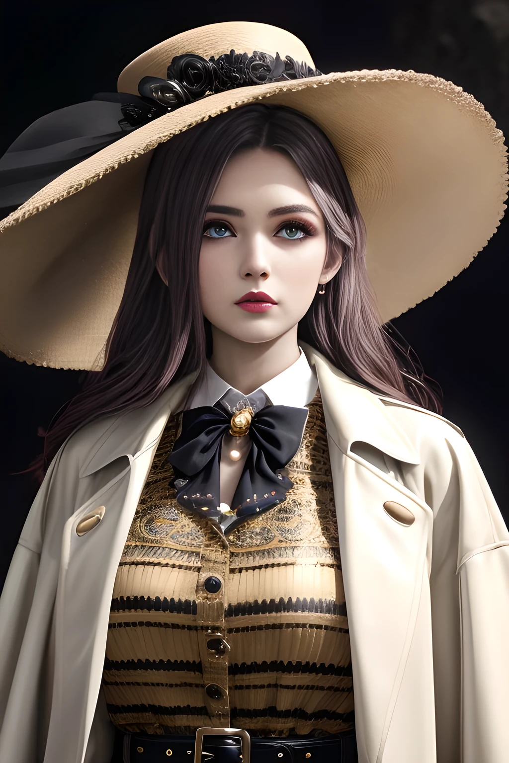 1girl,Wearing an elegant and fashionable suit. Wearing a wide-brimmed hat with delicate floral decorations. Wearing a long white trench coat, the buttons and belt design of the trench coat add a touch of classicism. Wearing a dark striped suit, including a suit jacket and pants, and wearing black gloves on his hands,,beautiful detailed eyes, beautiful detailed lips, extremely detailed eyes and face, long eyelashes, best quality, 4k, 8k, highres, masterpiece, ultra-detailed, realistic, photorealistic, photo-realistic, ethereal glow, regal elegance, intricate details, luxurious, otherworldly beauty, dark atmospheric background, supernatural aura, elise,