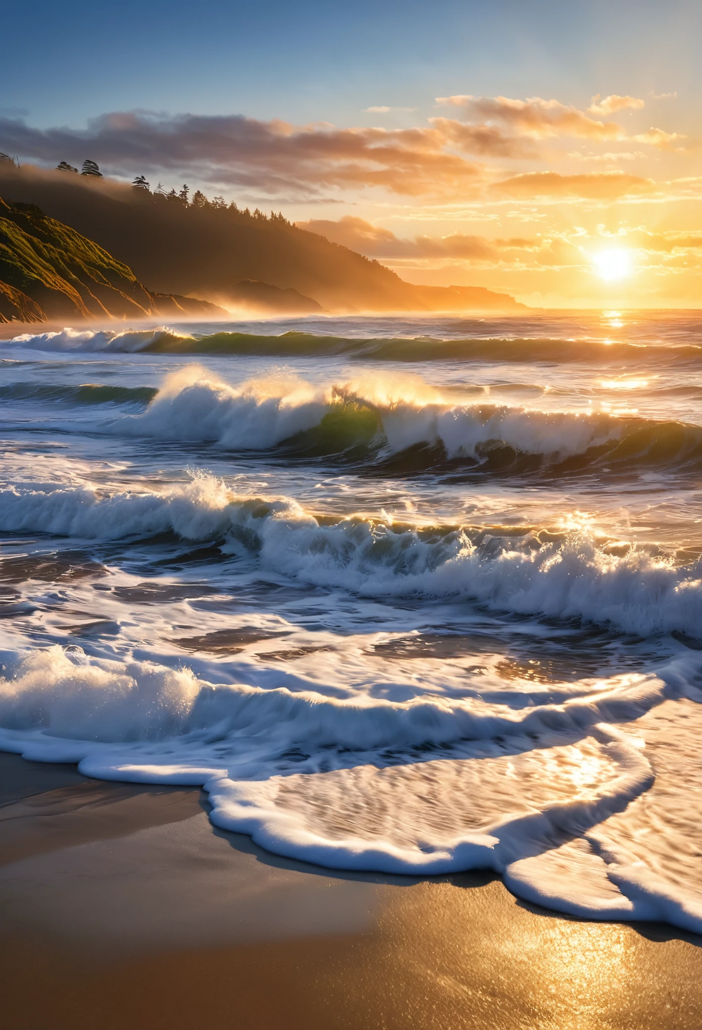 sunrise on the beach with waves crashing in front of the shore, a photorealistic painting by Don Reichert, shutterstock contest winner, fine art, sunrise, beautiful sunrise, sunrise light, which shows a beach at sunrise, golden bay new zealand, sunrise glow, vibrant sunrise, sunrise on the beach, breath taking, warm glow, soft glow, sun rising