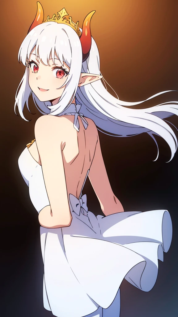 1girl, solo, masterpiece, best quality,
        sweat, re:zero kara hajimeru isekai seikatsu, emilia, emilia (re:zero), purple eyes, grey hair, white hair, long hair, braid, crown braid, blunt bangs, sidelocks, hair ornament, x hair ornament, hair flower, hair ribbon, purple ribbon, pointy ears, elf, , collarbone, bare arms, medium breasts, buruma, bare legs, in a vibrant red mini dress with a sweetheart neckline and ruched bodice, She is accessorized with layered pearl necklaces and bracelets, creating a stylish yet casual vibe. The image has a soft, warm lighting and the background features neutral-toned decor elements, drawing the focus to the model's captivating presence,
        cowboy shot, twisted torso, looking back,
        blush, smile,
        outdoors