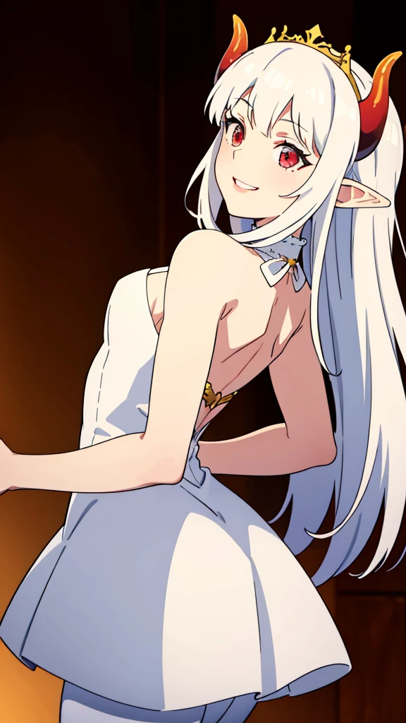 1girl,16s,small size,solo,white short dress,white hair,long hair,elf ears,horns,white pantyhose,cleavage,red eyes,gold tiara,((no background)),talking,happy,smile,separated lips,back view,hand_on_own_cheek