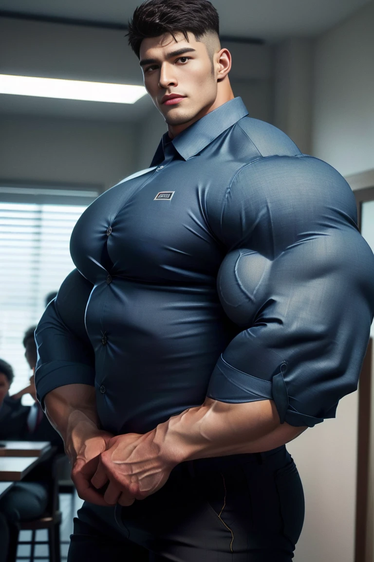 1 handsome young man, (brutalmass:1.55), (Asian: 1.33), model, (detailed perfect face, black eyes: 1.2345), standing indoors, (extremely wide and broad shoulders, super muscular, giant muscles: 1.331), (formal shirt and pants: 1.555), realistic skin, (ultra realistic, detailed, high quality, 8k image quality, finely detailed, masterpiece, best quality: 1.2), facing camera, looking at camera