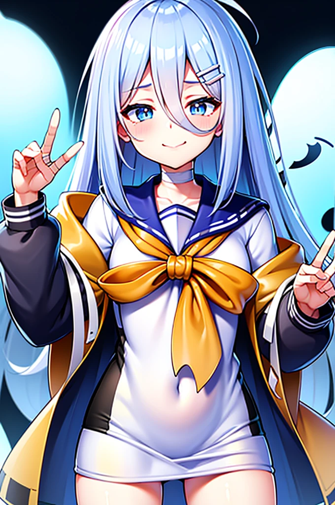 masterpiece, Highest quality, Disorganized, Perfect Anatomy,Looking at the Viewer,8K,masterpiece, best quality, highres,1girl,独奏,suisui,bandages,bangs,Light blue hair,hair_between_eyes,hair_ornament,hairclip,blue jacket,long hair,long sleeves,looking at viewer,open clothes,open jacket,blue sailor collar,smile,独奏,very long hair,blue eyes,,serafuku,bandage on face, bandaged neck,Boneyard,ghost