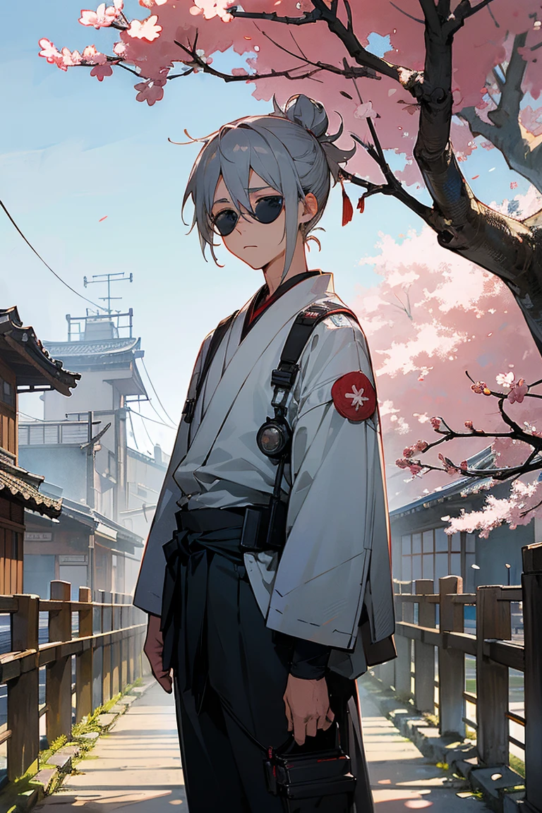 1 male, ager, Gray Hair, short hair, Messy Man Bun, blue eyes, ((Black Pilot)), White yukata, Black underwear, (old Japan background), Detailed Background, standing on the path, Expressionless, emotionless, Old Japanese town background, Cherry tree、sunglasses、Landscape、Wearing a white yukata、