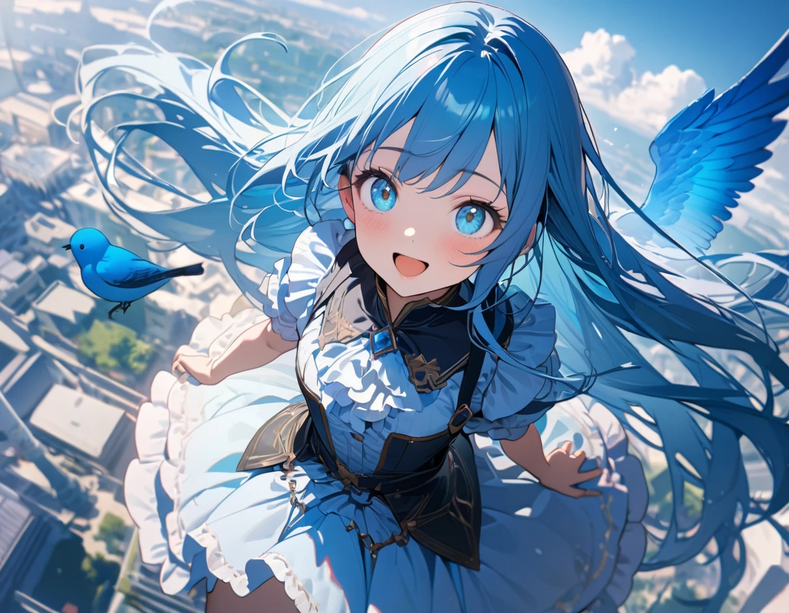 (8K, best quality, master piece: 1.2), super high resolution,1girl,16yo,ultra-detailed face,beautiful detailed eyes, luscious eyes,extra long hair,straight hair,blue hair,the girl is walking in the air straddling and riding on a large blue bird,enjoy,smile,open mouth,Wearing floral pattern blue ruffle dress,The blue bird is big and graceful and carrying a dwarf girl on its back,above the sky,crepuscular rays,Blue sky,aerial shot