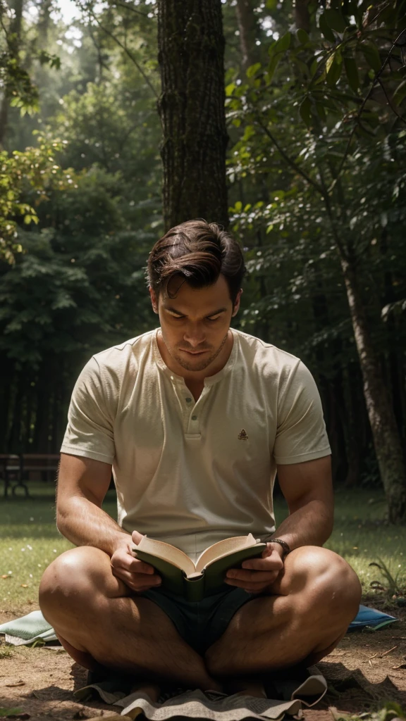 A man was sitting in the middle of a lush forest with tall trees. He was holding a thick book and looked very focused on reading it. Around him, several other books could be seen open on the green grass. In the background, the setting sun gave off a yellow light softness that radiates between the branches of the trees that grow thickly." very realistic, high resolution, 8k resolution, intricate details, dramatic