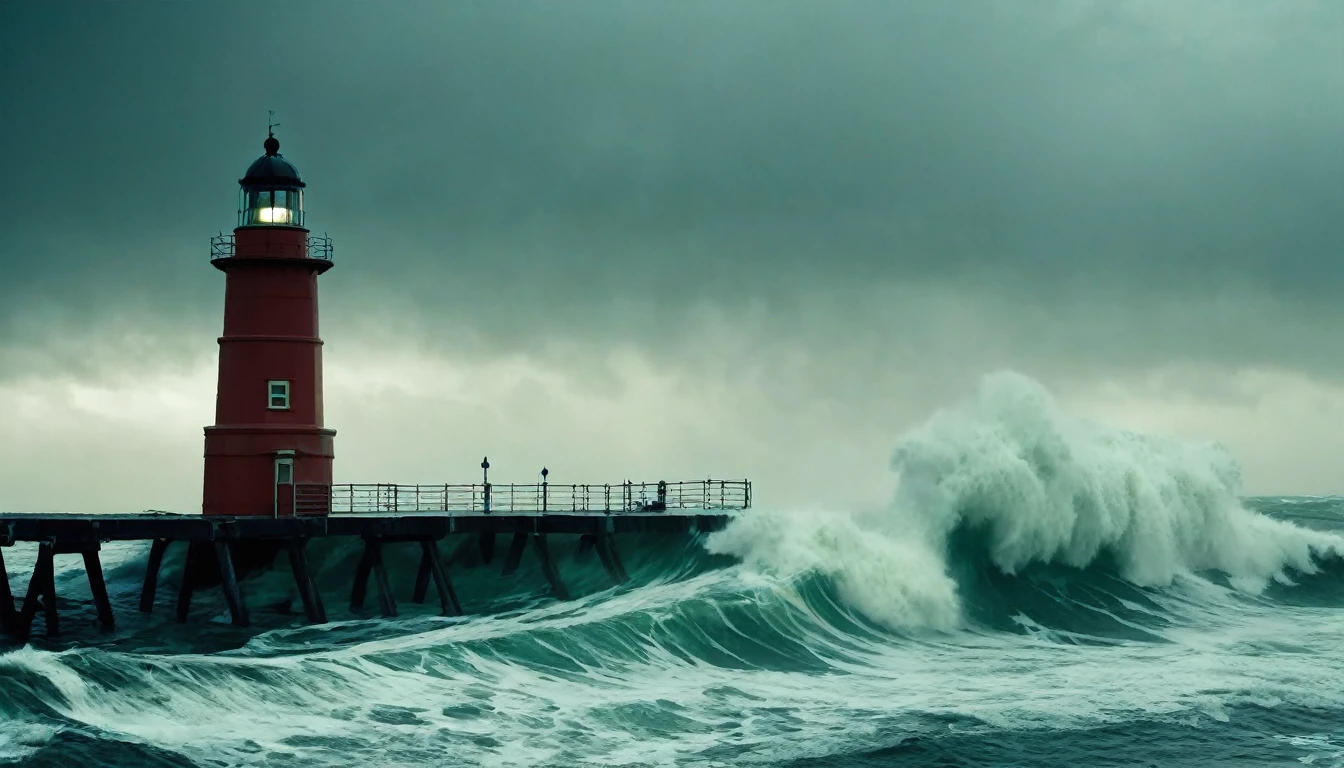 Araffes are in the water near a pier with lighthouse, giant waves, violent and stormy waters, Out there, a storm rages, standing in a whirlpool, huge waves, apocalyptic tumultuous sea, huge waves, large waves crashing over it, very huge waves, fierce huge waves, storm at sea, gigantic waves, large waves, rough seas