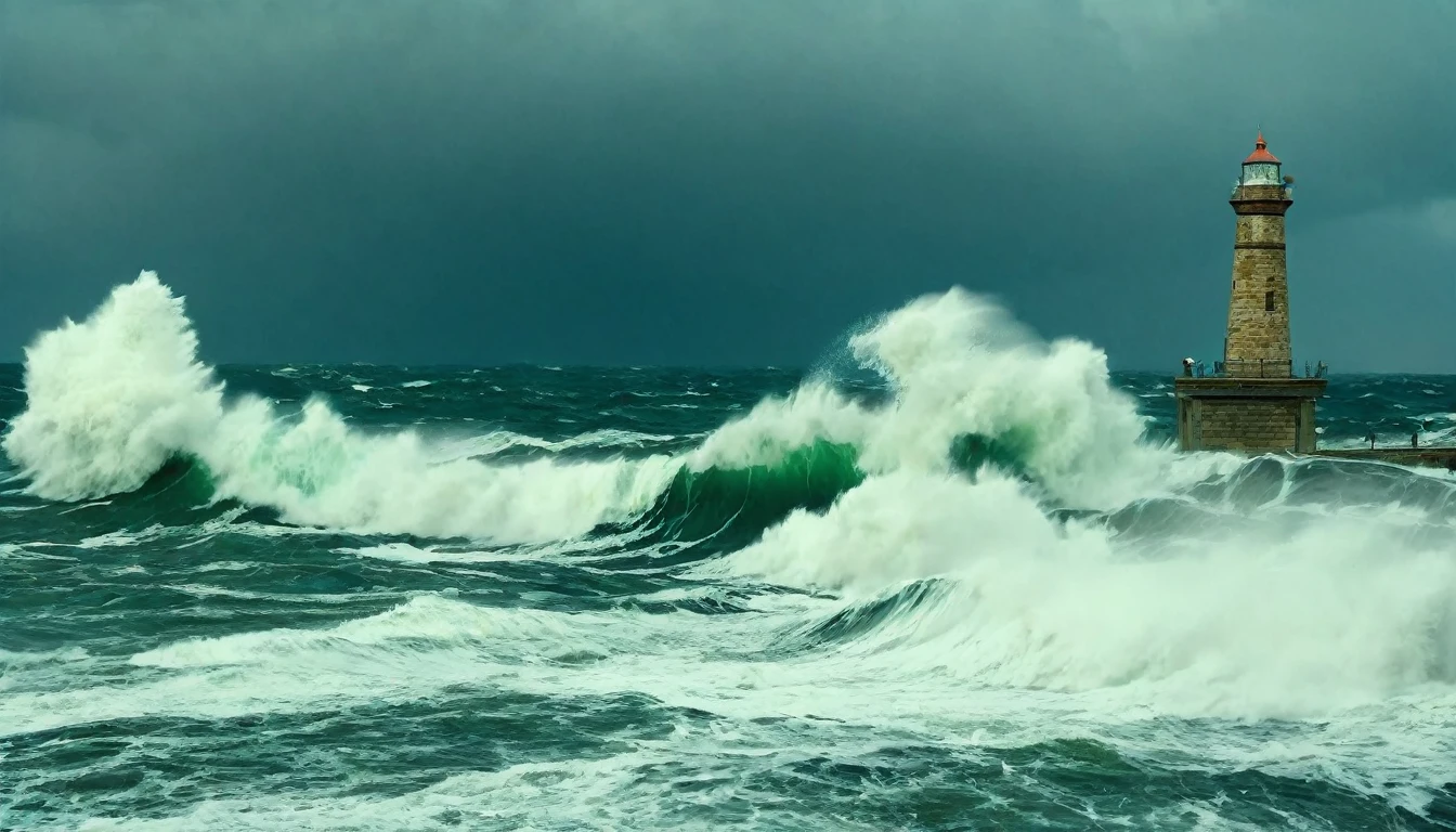 Araffes are in the water near a pier with lighthouse, giant waves, violent and stormy waters, Out there, a storm rages, standing in a whirlpool, huge waves, apocalyptic tumultuous sea, huge waves, large waves crashing over it, very huge waves, fierce huge waves, storm at sea, gigantic waves, large waves, rough seas