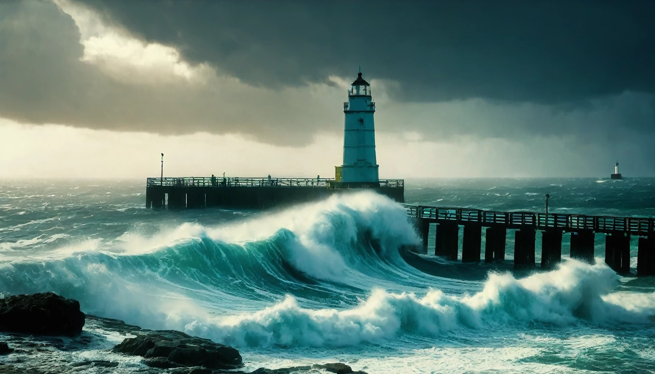 Araffes are in the water near a pier with lighthouse, giant waves, violent and stormy waters, Out there, a storm rages, standing in a whirlpool, huge waves, apocalyptic tumultuous sea, huge waves, large waves crashing over it, very huge waves, fierce huge waves, storm at sea, gigantic waves, large waves, rough seas