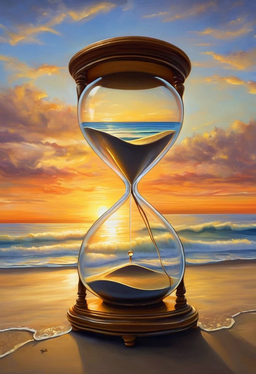 An oil painting,sunrise,Ocean,horizon,peaceful,Hourglass on the beach