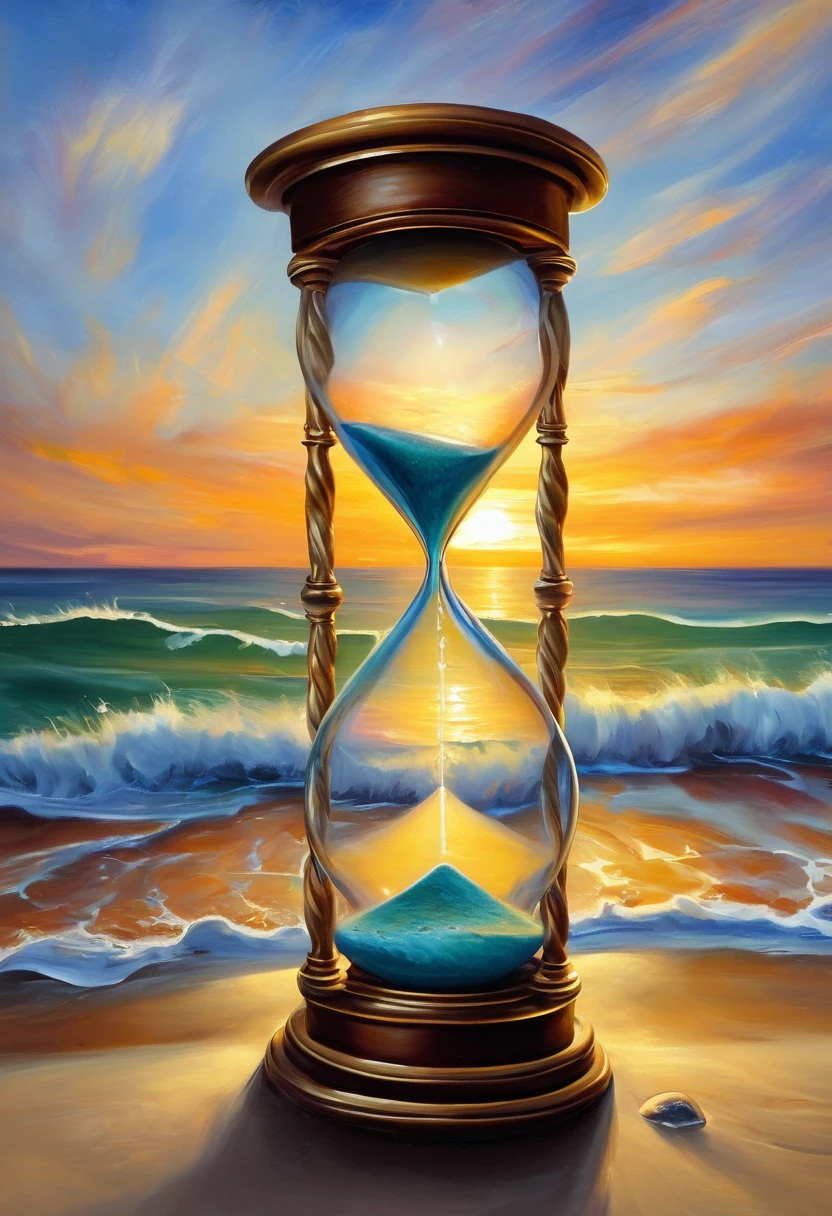 An oil painting,sunrise,Ocean,horizon,peaceful,Hourglass on the beach