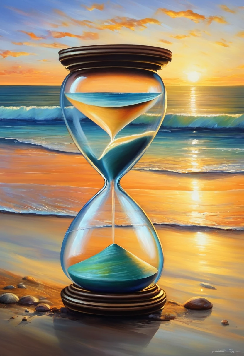 An oil painting，sunrise，Ocean，horizon，peaceful，Hourglass on the beach