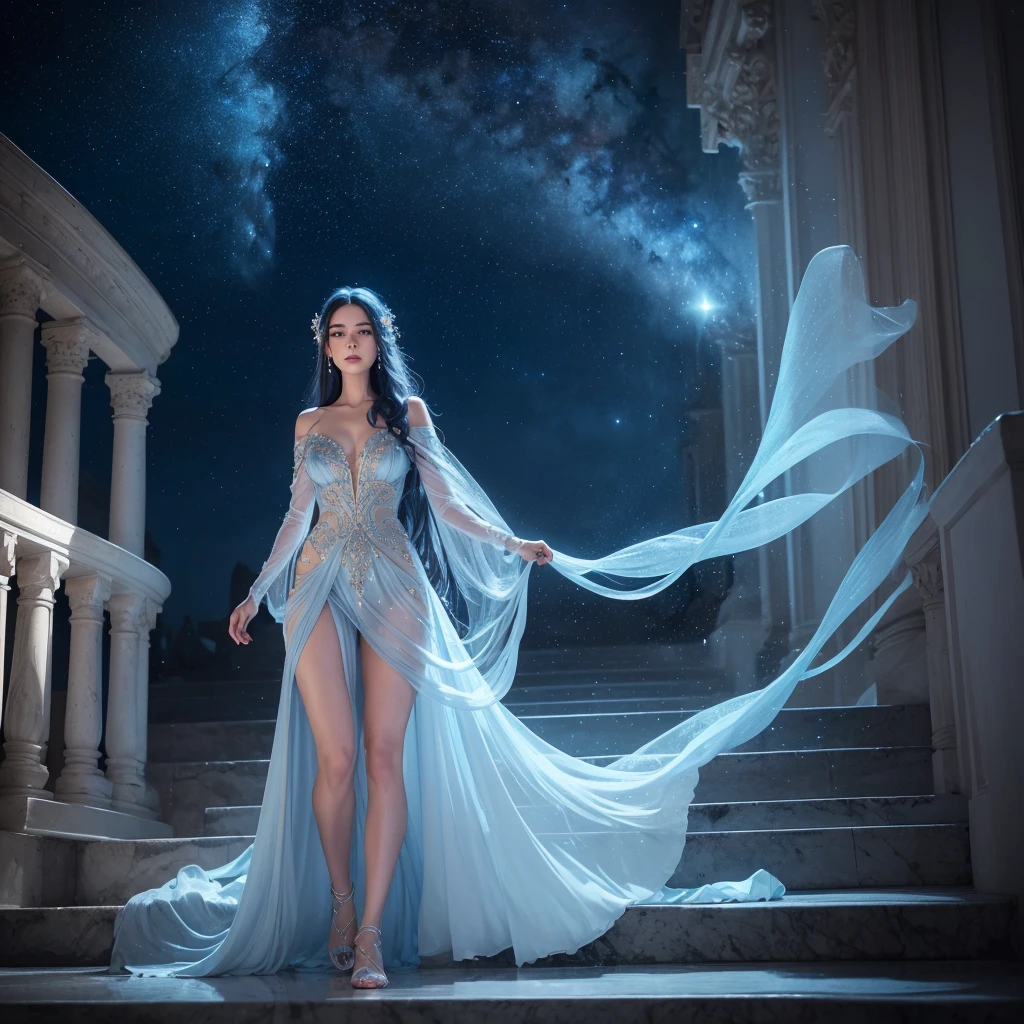 a beautiful ethereal blue woman, detailed face, piercing eyes, elegant flowing dress, walking on golden stairs in the sky, surrounded by wispy clouds, stars and moons in the distance, dreamlike and mystical atmosphere, (best quality, 8k, highres, masterpiece:1.2), ultra-detailed, photorealistic, cinematic lighting, dramatic colors, soft focus, magical, fantasy, surreal