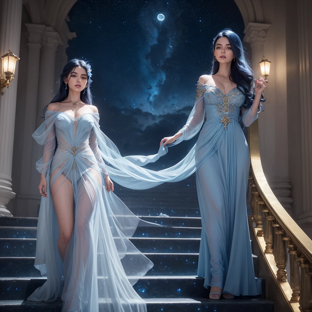 a beautiful ethereal blue woman, detailed face, piercing eyes, elegant flowing dress, walking on golden stairs in the sky, surrounded by wispy clouds, stars and moons in the distance, dreamlike and mystical atmosphere, (best quality, 8k, highres, masterpiece:1.2), ultra-detailed, photorealistic, cinematic lighting, dramatic colors, soft focus, magical, fantasy, surreal