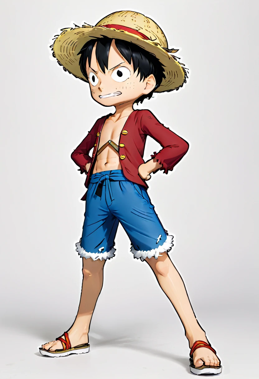 Luffy has black shaggy hair, round black eyes, and a slim muscular build. He is renowned for his trademark straw hat, which was lent to him when he was young by the legendary pirate captain, "Red-Haired" Shanks,[35] who in turn received it from Gol D. Roger.[43] Luffy wears an open, long-sleeved red cardigan with four buttons, with a yellow sash tied around his waist (somewhat reminiscent of Gol D. Roger's outfit). Luffy also has a (scar underneath his left eye), which he earned as a  by stabbing his face to show Shanks that he was tough enough to be a pirate.[44] He was severely wounded by Akainu in the Summit War of Marineford,[45] leaving a large X-shaped scar on his chest.[46]