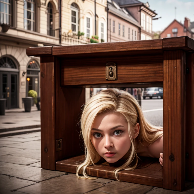 arrested and placed in a pillory for public use as punishment, a wooden framework with three circle holes.2 small circle holes for the hands, and one large circle hole for the head, in which an offender was imprisoned and exposed to public abuse, town square, best quality, hi res, 8k, hi res, 8k, award winning , (sharp focus, intricate, highly detailed), back shown. 