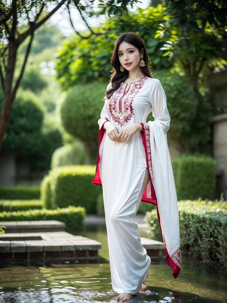 a woman in a beautiful garden, wearing a traditional shalwar kameez dress, standing gracefully with a serene expression. The woman has almond-shaped eyes with long eyelashes and perfectly shaped eyebrows. Her lips are full and delicately detailed, adding to her beauty. The shalwar kameez dress is made of fine silk fabric with intricate embroidery, displaying vibrant colors and patterns. The garden is filled with blooming flowers, lush green trees, and a tranquil pond. The sunlight gently filters through the foliage, casting a warm and soft glow on the scene. The image is of the highest quality, with ultra-detailed textures and realistic rendering. The colors are vivid and vibrant, creating a visually stunning masterpiece.