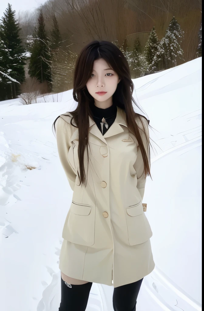 Beautiful woman with perfect body：1.4，Layered Hairstyle，Highly detailed face and skin textures，Double eyelids，Skin Whitening，Long hair，Whitened long legs，（Uniforms，Collar），Standing on the top of snow mountain