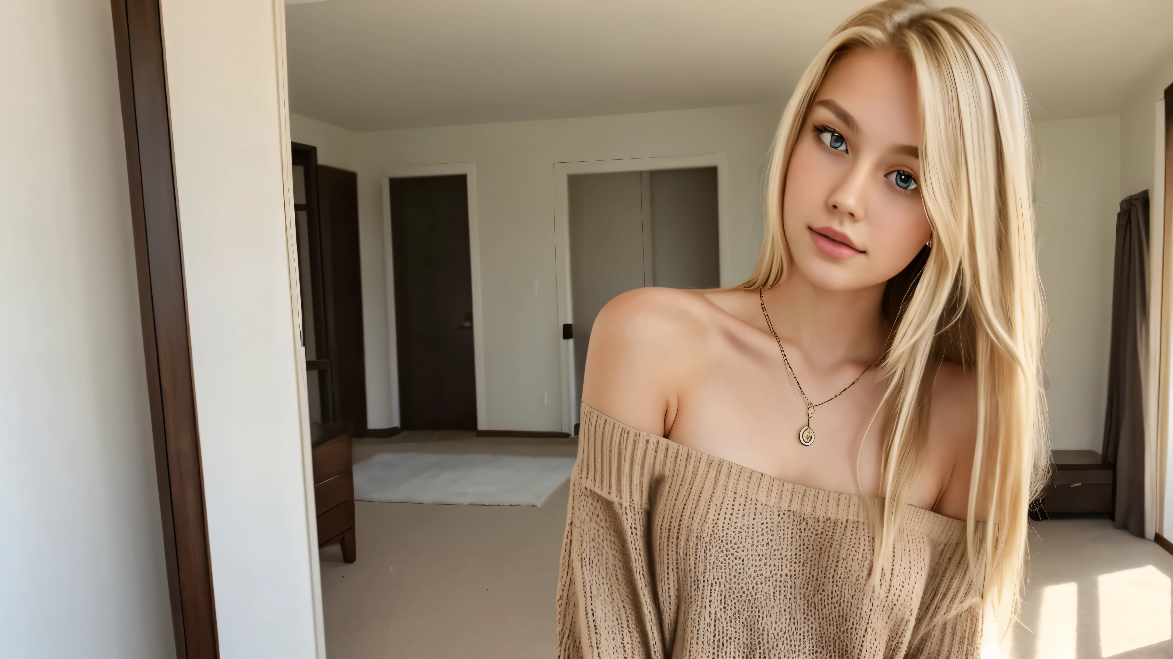 1girl in, age19, Solo, Long hair, Colossal , Looking at Viewer, blondehair, Bare shoulders, Brown eyes, jewely, Full body, a necklace, off shoulders, Sweaters, Realistic, A sexy