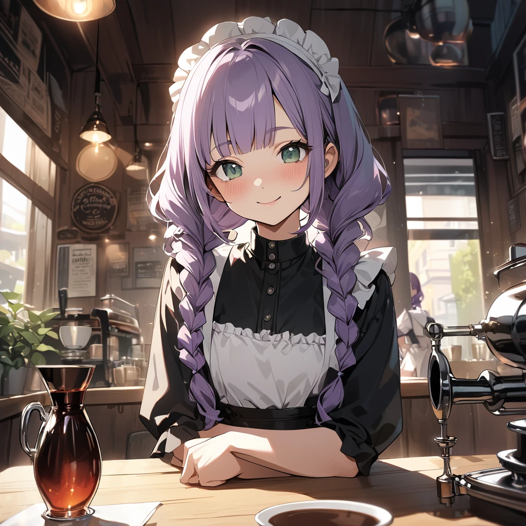 (Cute a girl:1.5), (masterpiece:1.3), anime visual, (a gril with semi long twin braids wavy hair, pale purple blunt bangs hair, dark green eyes,smiling:1.3), (Lovey-dovey:1.5), (tilt head:1.3), extremely delicate face, realistic lighting and shading, The girl is wearing a jet black maid outfit, white brim, and apron dress, and is brewing coffee with a siphon in a retro coffee shop,