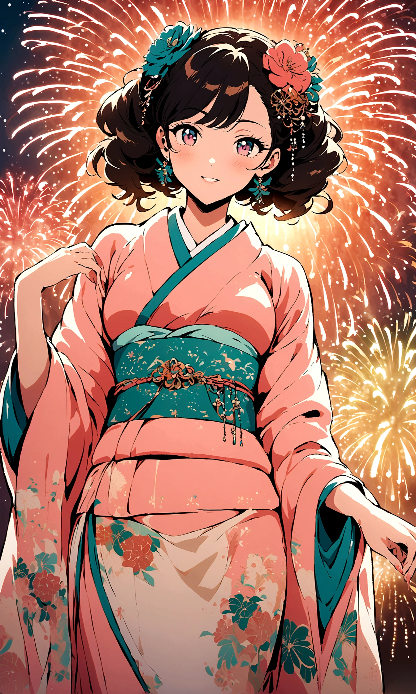 ((Illustration style))，Anime style, Maiko, A woman in an elegant kimono, fireworks, charming