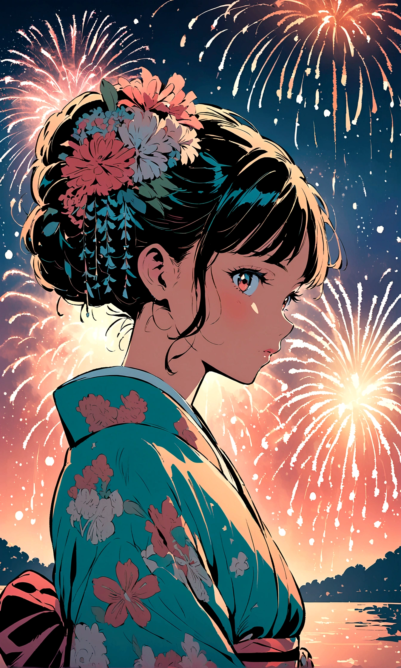 ((Illustration style)),Anime style, Maiko, A woman in an elegant kimono, fireworks, charming