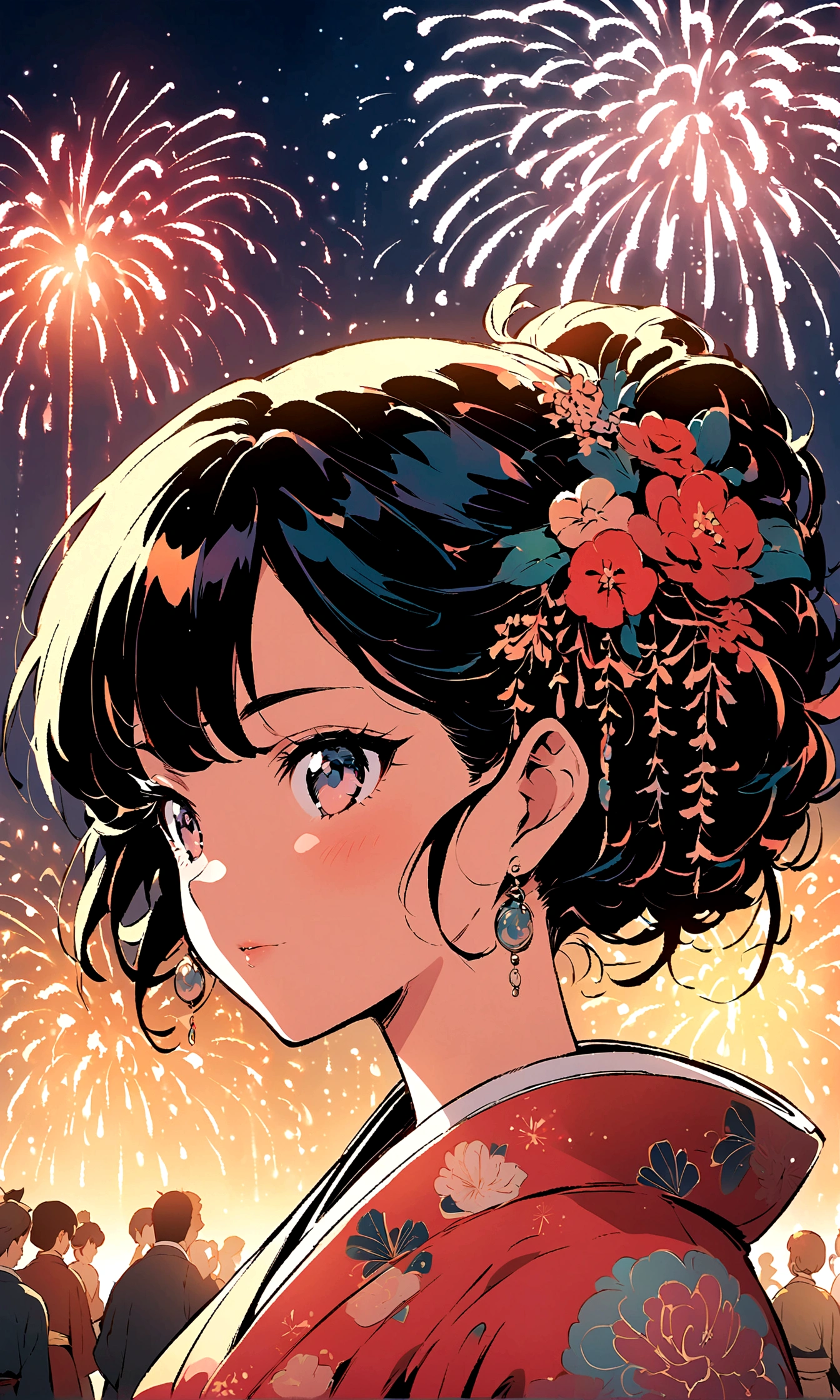 ((Illustration style)),Anime style, Maiko, A woman in an elegant kimono, fireworks, charming