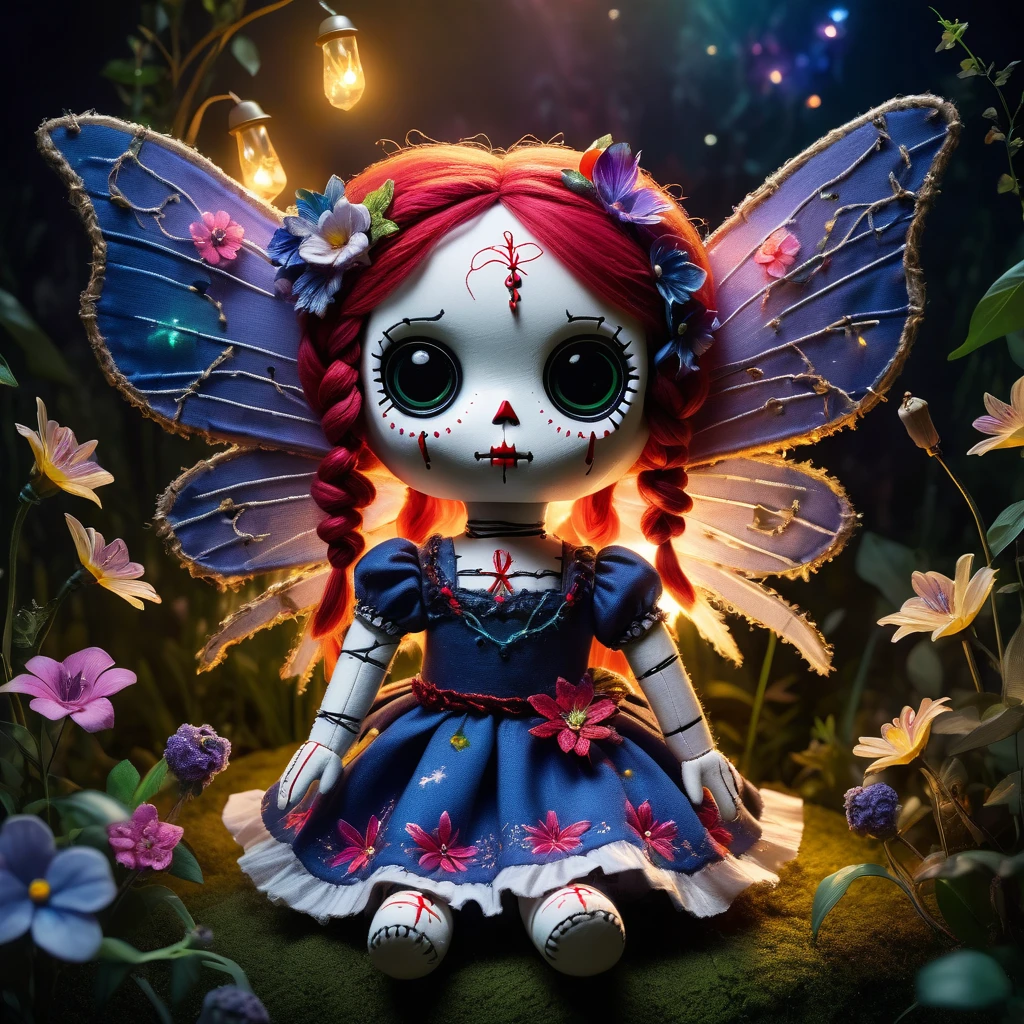 (knitted toy voodoo doll:1.6), (Voodoo Thumbelina:1.3), (Clothing Costume with floral patterns, wings of shadows:1.0), (Ghost flowers, magic crystals:1.1) (against the background Abandoned garden with flickering fireflies:1.3), best quality, masterpiece, detailed soft oil painting, detailed background, dramatic cinematic lighting, soft edge lighting, professional, dramatic lighting, hard edge lighting, ultra quality, 4k,masterpiece, best quality, 8k, ultra highres, highres, extremely detailed