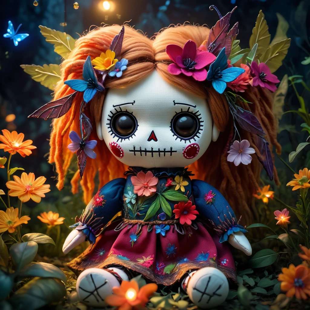 (knitted toy voodoo doll:1.9), (Voodoo Fawn Twilight Guardian:1.3), (Clothing: twilight-colored tunic with glowing patterns:1.0), (Accessories: enchanted antler crown emitting soft light, levitating spectral leaves:1.1), (background: dusk meadow with floating flowers, glowing plants, and spectral leaves:1.2), best quality, masterpiece, detailed soft oil painting, detailed background, dramatic cinematic lighting, soft edge lighting, professional, dramatic lighting, hard edge lighting, ultra quality, 4k, masterpiece, best quality, 8k, ultra high definition, high resolution, extremely detailed