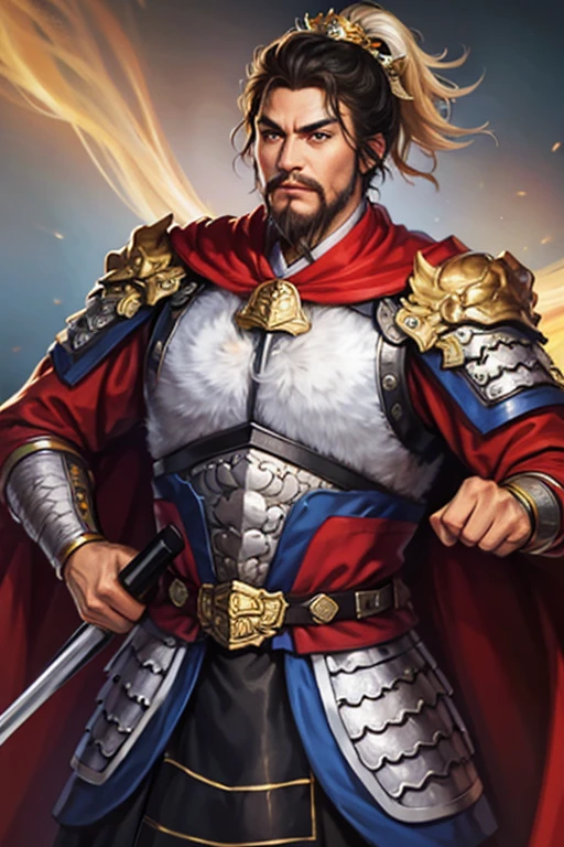 8K,man with sword,ornate armor(The elaborately crafted coat of arms of a nobleman),ultra high resolution,surreal,realistic skin,Black hair short hair,big black eyes,clear eye description, muscular body,waist armor,delicate hands, Perfect hand shape, character art, action pose,masterpiece,Realistic RAW photos of the highest quality,bright colors,rich colors, backlight, movie lights, film grain,50mm lens