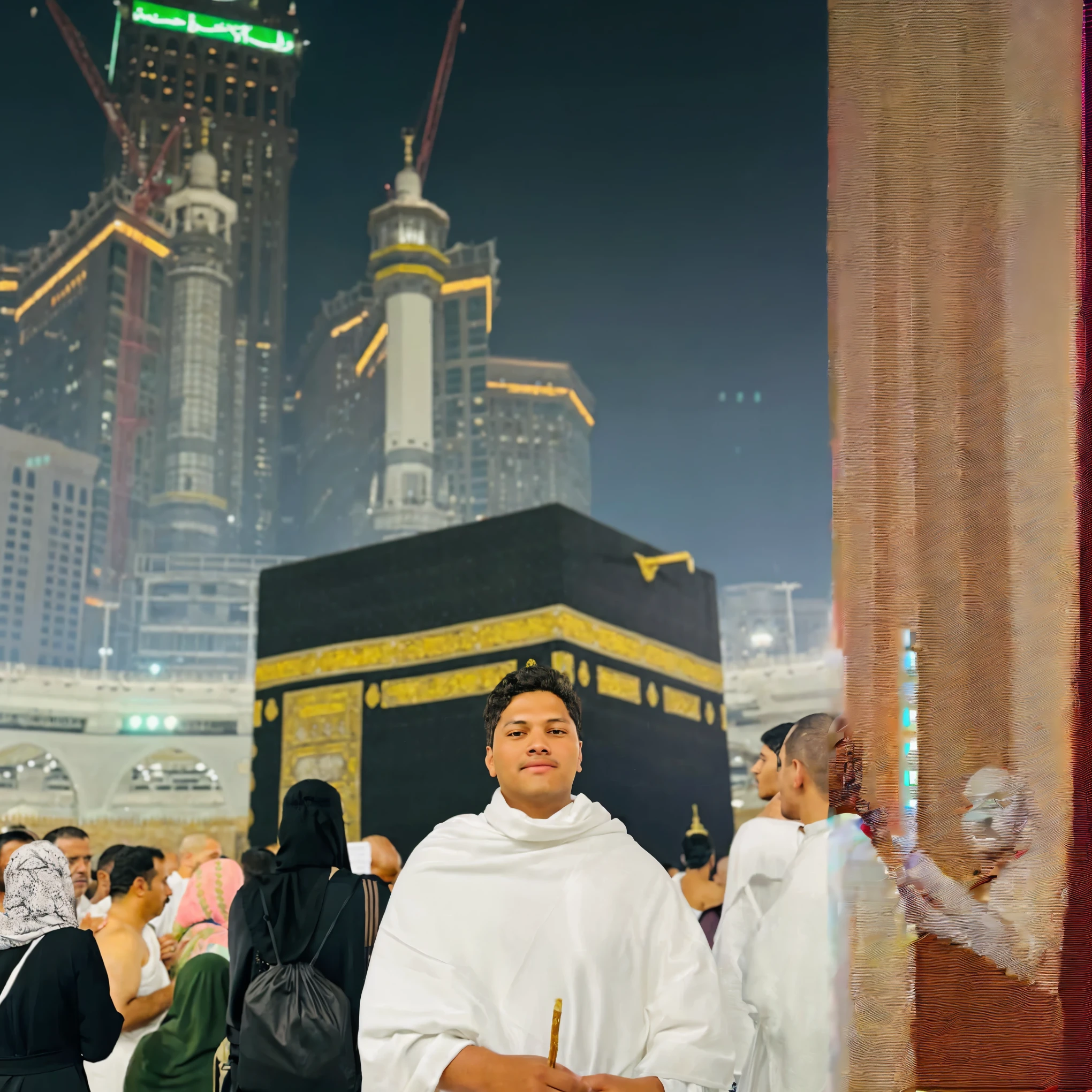1 man:1.2, solo, himecut, ihram islam clothes, detailed face, beautiful detailed eyes, extremely detailed eyes and face, calm, soft smile, style, nostalgic, best quality, 8k, highres, masterpiece:1.2, ultra-detailed, realistic, photorealistic, photo-realistic:1.37, HDR, UHD, studio lighting, ultra-fine painting, sharp focus, physically-based rendering, extreme detail description, professional, vivid colors, bokeh