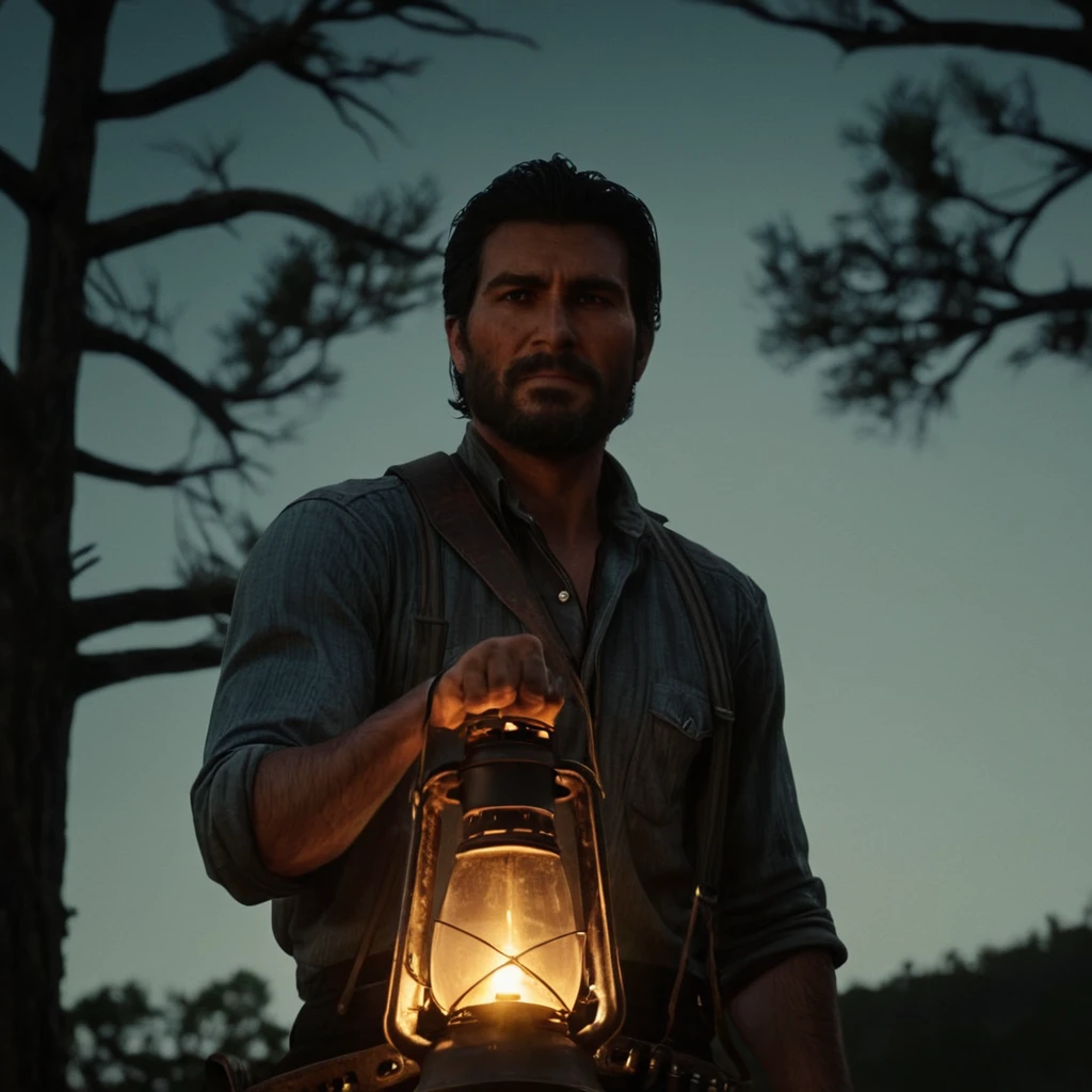 Movie film still of Movie film still of  a man in a have Keep a lantern,Solitary,Black Hair,1 boy,have,Keep,Upper Body,arms,Male focus,outdoor,Vague,Tree,gun,Vague background,beard,nature,beard,forest,lantern,Practical,cowboy have,cowboy western,ammunition,Belt , epic, Western Movies, Adventure, ban, Red Undead, Western Movies United States, The Wild West, cowboy, cowboy女郎, Open World, 1900s, Practical, Movie, Film Style, Dramatic lighting, Part covered with shadows, faction, Western Movies-themed action-adventure, Red Undead Redemption style, Shallow depth of field, Vignette, Very detailed, High Budget, Bokeh, Widescreen, Moody, epic, Gorgeous, Film Grain, Granular