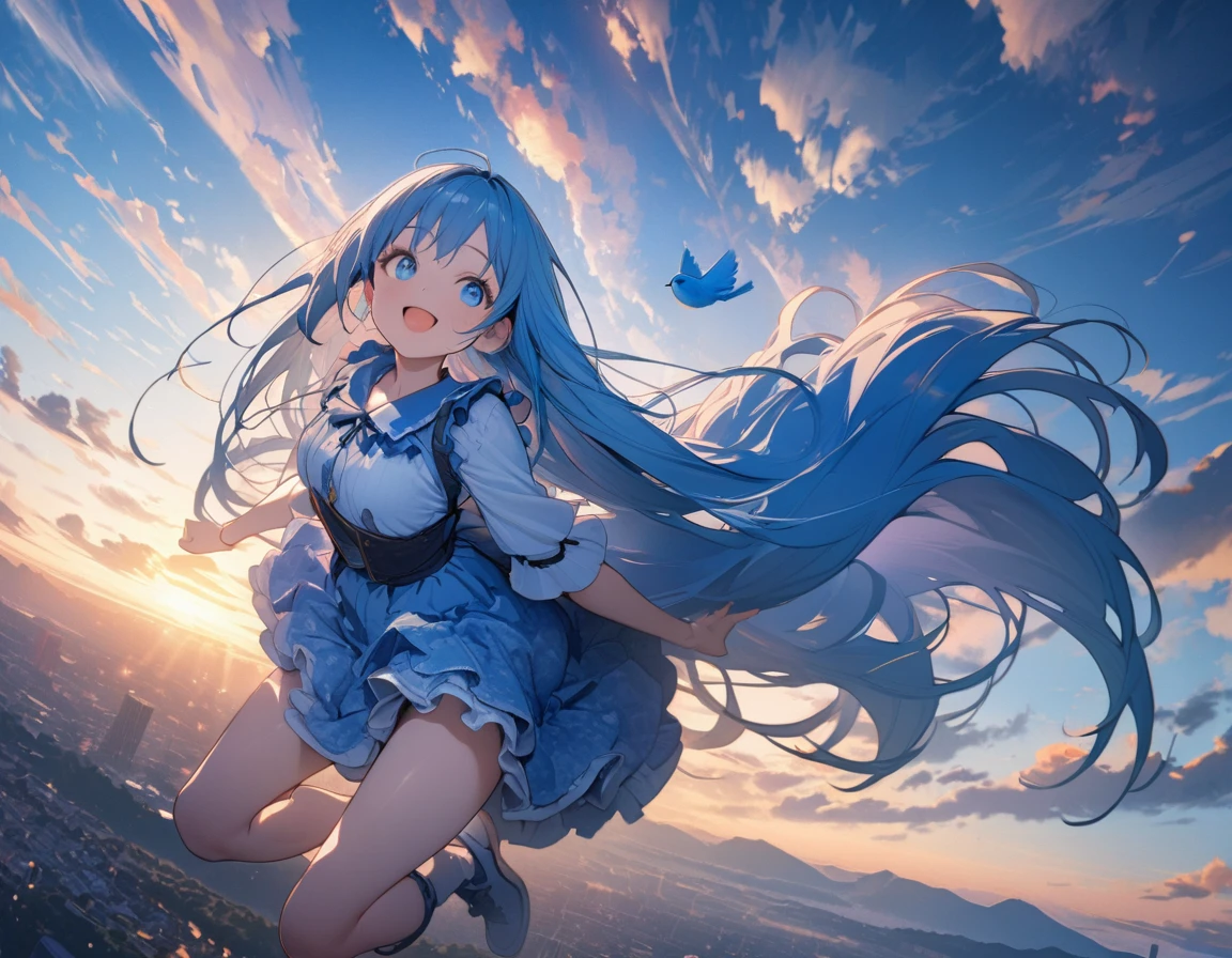 (8K, best quality, master piece: 1.2), super high resolution,1girl,16yo,ultra-detailed face,beautiful detailed eyes, luscious eyes,extra long hair,straight hair,blue hair,the girl is walking in the air straddling and riding on a large blue bird,enjoy,smile,open mouth,Wearing floral pattern blue ruffle dress,The blue bird is big and graceful and carrying a dwarf girl on its back,above the sky,crepuscular rays,Blue sky,aerial shot