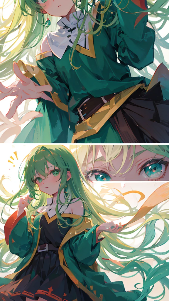 Anime Girls with long hair and green eyes in a green dress, By Ren, Anime Moe Art Style, Another Iwakura, inspired By Ren, Created by Anime Painter Studio, Anime Girls with long hair, (Anime Girls), Megumin, Flowing hair and long robes, In anime style, mitsumayo, close up Another Iwakura