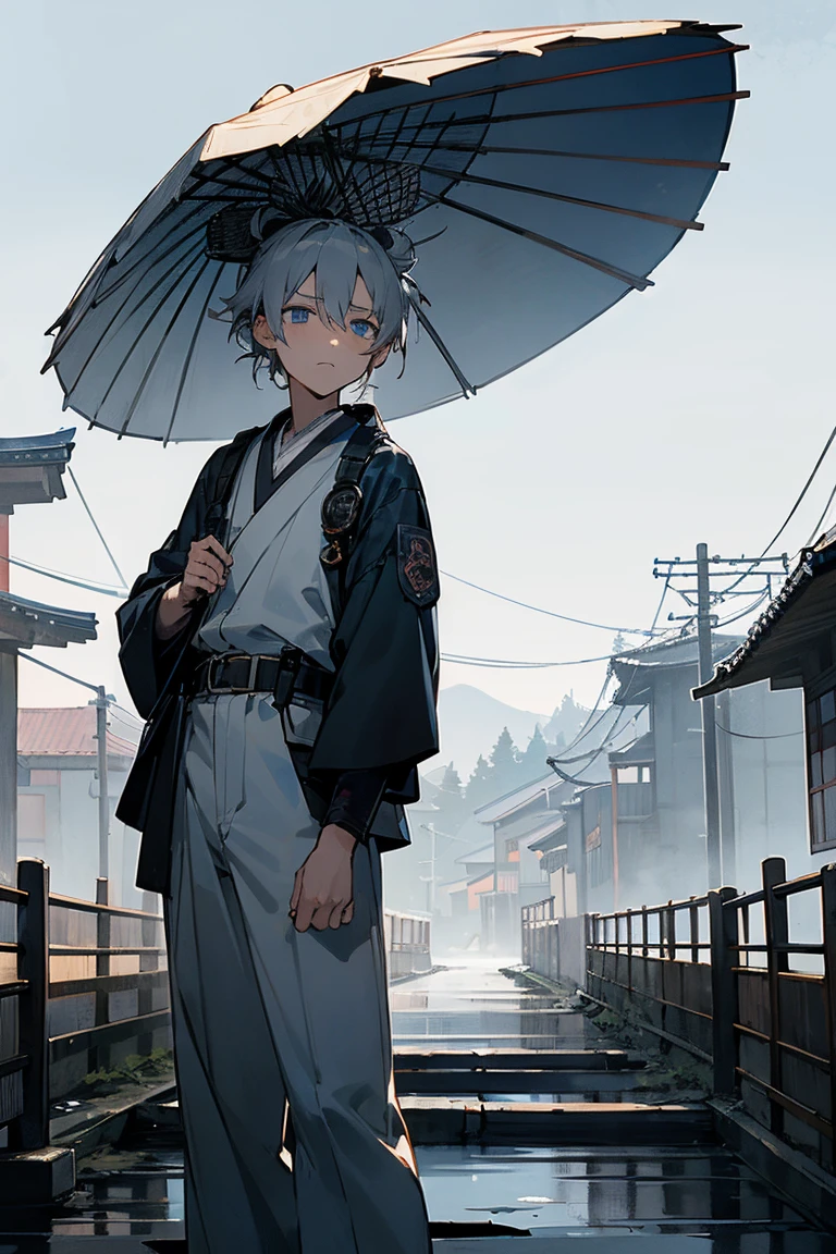 1 male, teenager, Gray Hair, short hair, Messy Man Bun, blue eyes, ((Black Pilot)), White yukata, Black underwear, (old Japan background), Detailed Background, standing on the path, Expressionless, emotionless, Old Japanese town background, Snow Scene、sunglasses、Landscape、Wearing a white yukata、No belt、