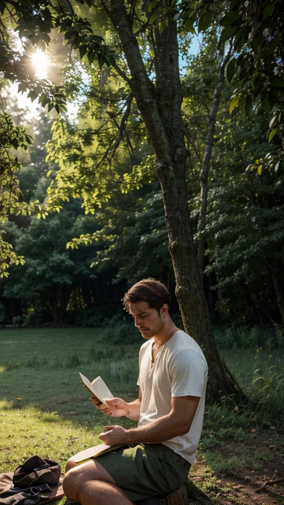 A man was sitting in the middle of a lush forest with tall trees. He was holding a thick book and looked very focused on reading it. Around him, several other books could be seen open on the green grass. In the background, the setting sun gave off a yellow light softness that radiates between the branches of the trees that grow thickly." very realistic, high resolution, 8k resolution, intricate details, dramatic