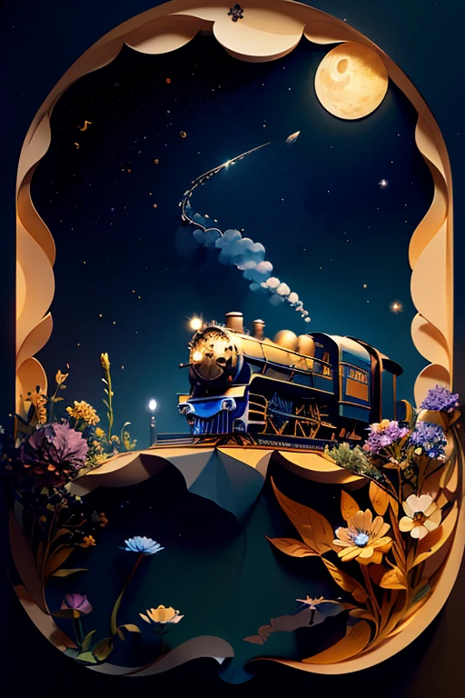 steam locomotive、Paper Art、Three-dimensional, colorful、Delicate and beautiful curves,Fantastic steam locomotive、
Night sky, stars, moon, flowers,Fantasy World