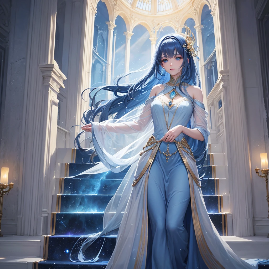 a beautiful ethereal blue woman, detailed face, piercing eyes, elegant flowing dress, walking on golden stairs in the sky, surrounded by wispy clouds, stars and moons in the distance, dreamlike and mystical atmosphere, (best quality, 8k, highres, masterpiece:1.2), ultra-detailed, photorealistic, cinematic lighting, dramatic colors, soft focus, magical, fantasy, surreal