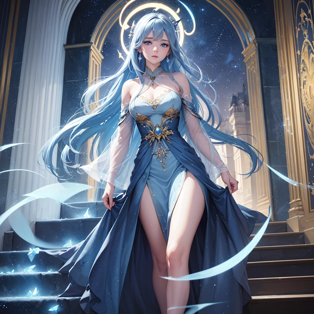 a beautiful ethereal blue woman, detailed face, piercing eyes, elegant flowing dress, walking on golden stairs in the sky, surrounded by wispy clouds, stars and moons in the distance, dreamlike and mystical atmosphere, (best quality, 8k, highres, masterpiece:1.2), ultra-detailed, photorealistic, cinematic lighting, dramatic colors, soft focus, magical, fantasy, surreal