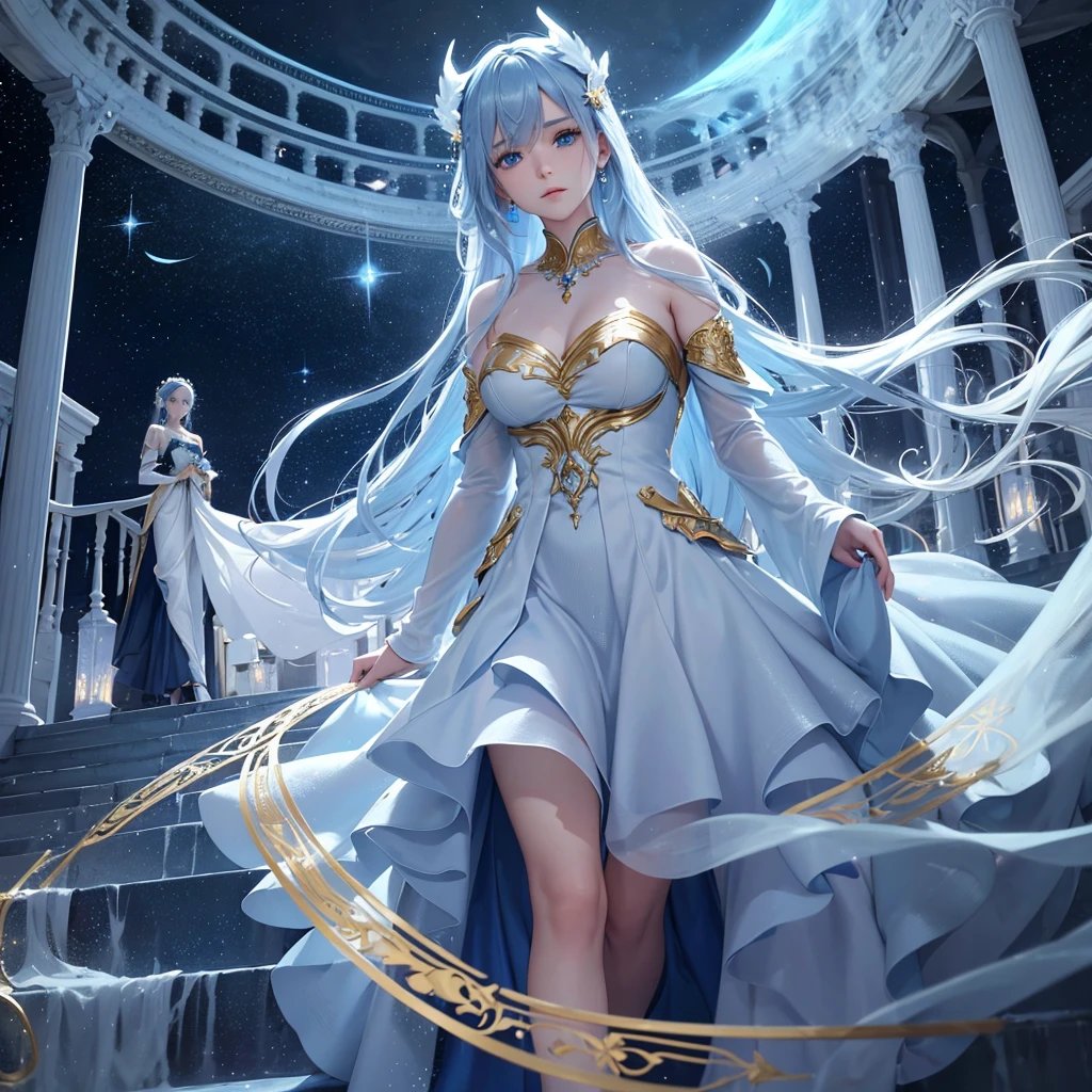 a beautiful ethereal blue woman, detailed face, piercing eyes, elegant flowing dress, walking on golden stairs in the sky, surrounded by wispy clouds, stars and moons in the distance, dreamlike and mystical atmosphere, (best quality, 8k, highres, masterpiece:1.2), ultra-detailed, photorealistic, cinematic lighting, dramatic colors, soft focus, magical, fantasy, surreal