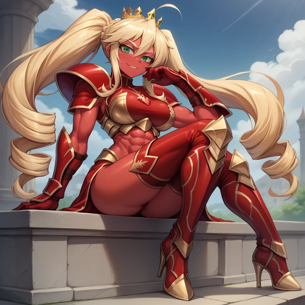 Lancer Artoria, elegant adult female, blonde, green eyes (yellow eyelashes) crown, turtleneck, full body sitting on a bench, showing ass to me, RED breastplate, RED skin (1SologirlRED skin:1.2), looking at viewer, shiny, armor, thigh highs, high boots, pauldrons shoulder armor, faulds, poleyn, RED gloves gauntlets, rerebrace, RED military armored boots, yordle muscular lean platinum blonde long twin tails hairstyle at the bedroom lustful smirking smile face red blushed, blush, strong abs, female body builder, tiara, twin drills hair, (masterpiece, best quality, ultra detailed, best shadow)