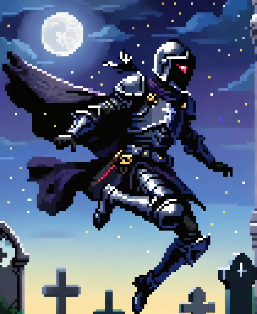 gothic black knight injured fly into the air, leaping towards viewer, leaping, Floating in mid-air, ascending to the Sky, jumping towards viewer,
to the night sky in a cemetery