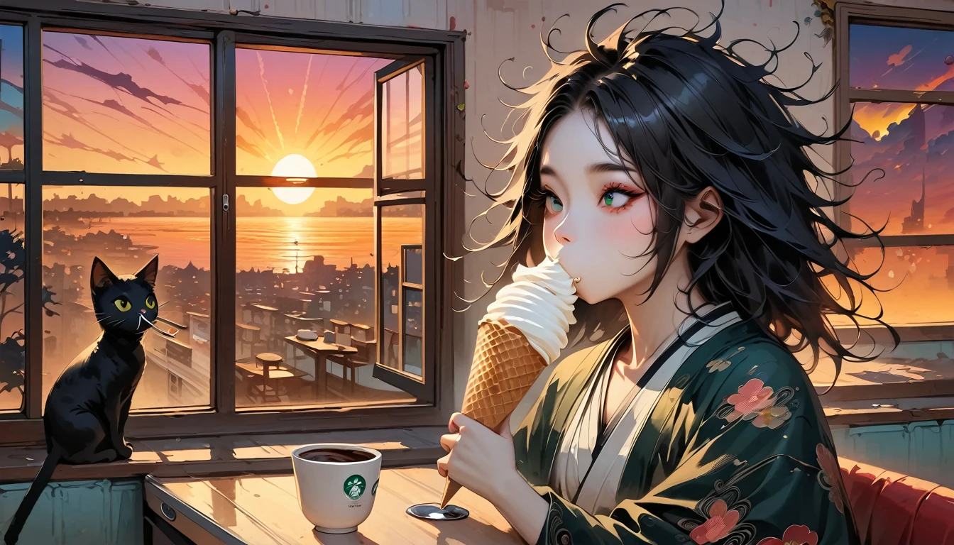 ((Masterpiece, high resolution, highest quality, highest quality real texture skin)), (1 girl), (wearing Japanese pattern headphones), (slender, double round and large Eyes, tongue slightly sticking out, beautiful lips, whole body), outer box: 1.2, (wearing Japanese pattern haori: 1.4, Japanese pattern shorts: 1.3) , (black hair, beautiful shiny hair, bob, beige skin), (((Slurping on a soft serve ice cream))), (((A cafe with a large window where you can see the sunset))), (((One black cat))), (Black hair, messy hair, beige skin), (surreal, digital painting)