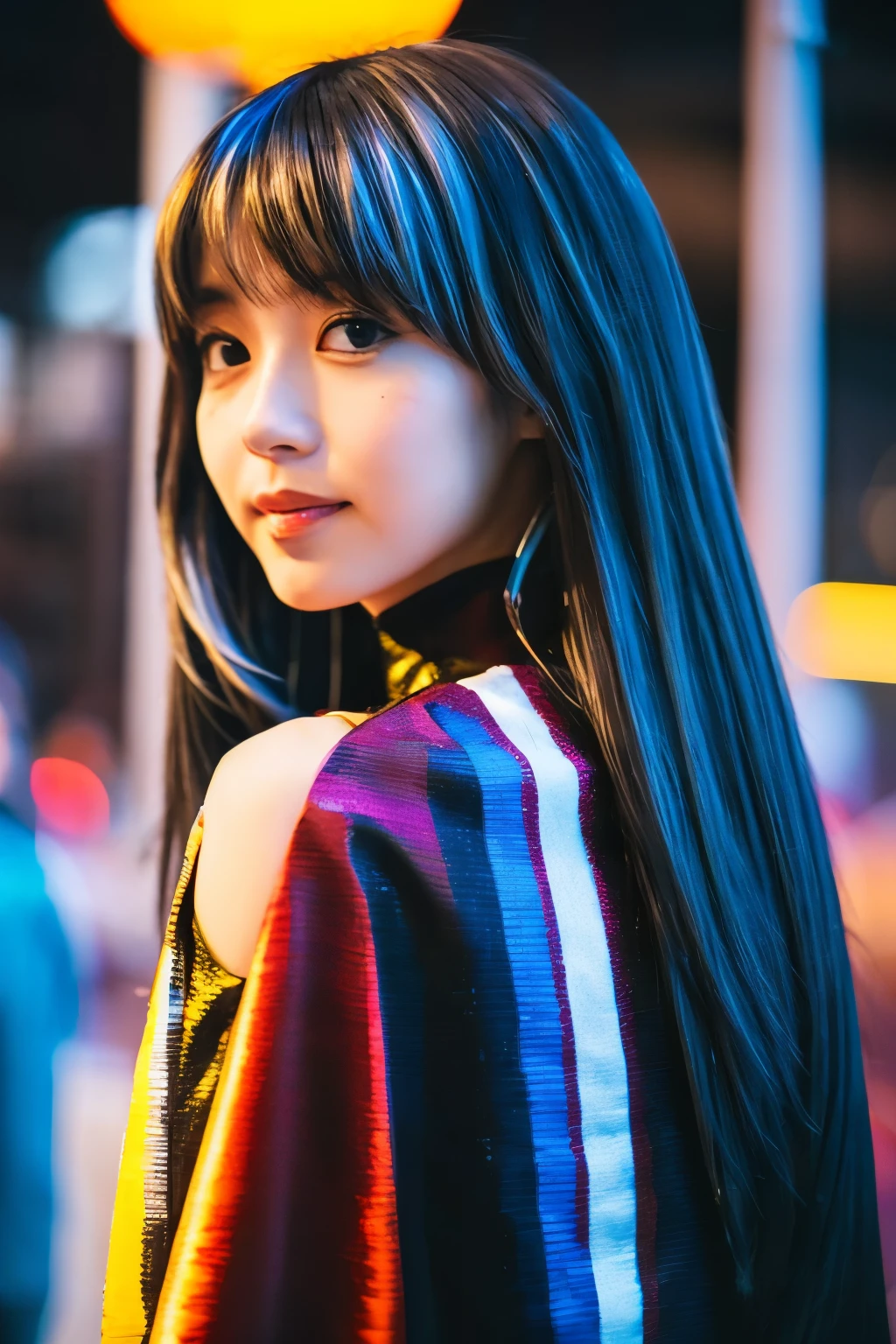 Masterpiece, high quality, high resolution, 8K, (solo:1.2), ((1girl)), Japanese woman, detailed face, detailed eyes, correct body structure, upper body, ((White hair:1.2)), very long hair, messy hair, slender body, seductive silhouette, luminous bones, depth of field, dark photo at nighttime, dimly lit, bangs, Cinematic Lighting, Tyndall effect, abstract background, futuristic outfits, vibrant colors, modern style, wide sleeves, artistic, unique patterns, colorful, stylish, trendy