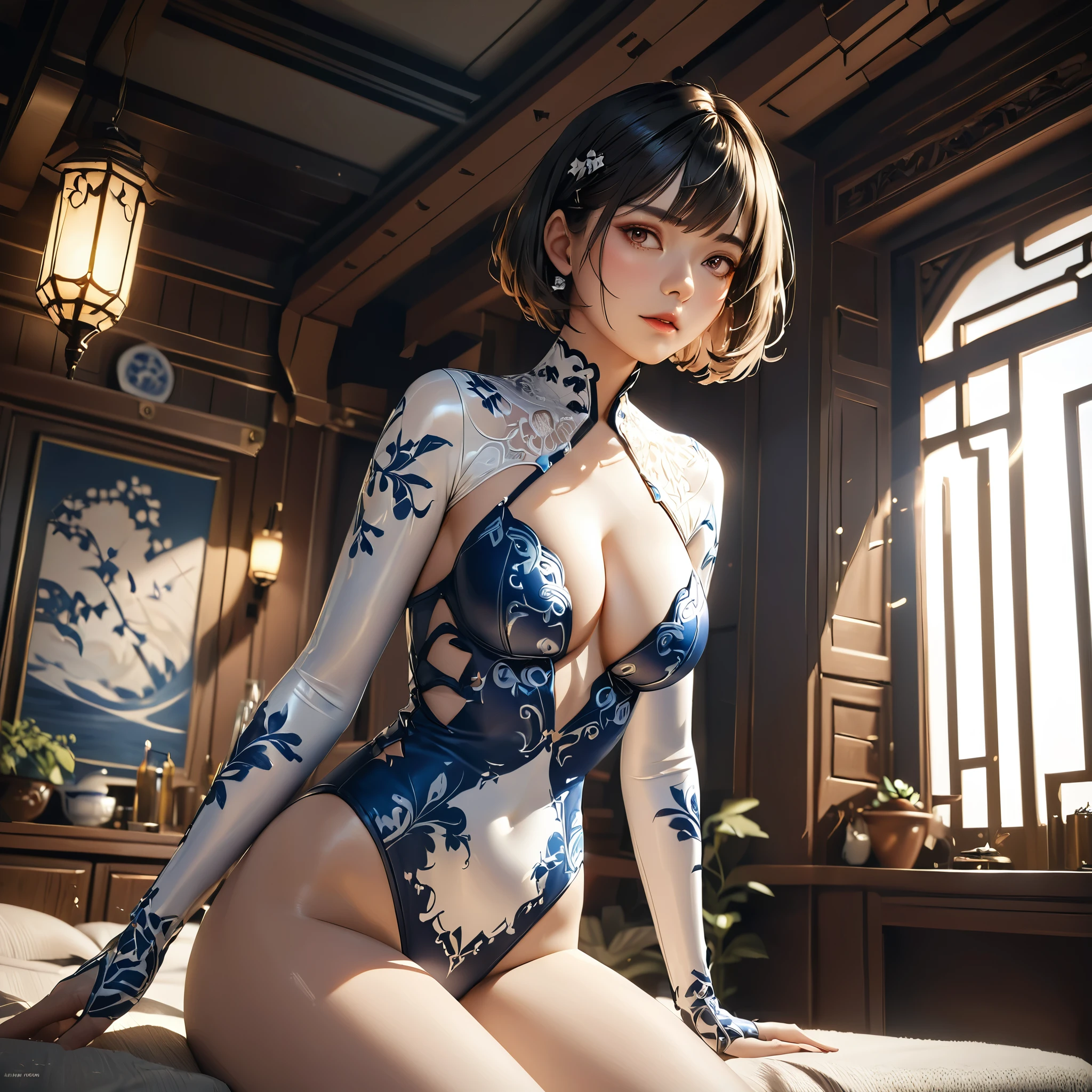 (Beautiful woman、One girl、Bodysuits:1.7、Very detailed、Incredibly beautiful、Porcelain-like skin、Short Hair、Narrow waist、erotic、Photorealistic、Very detailed、8K、Highest quality、High resolution、Cinematic lighting、Intricate details、masterpiece)