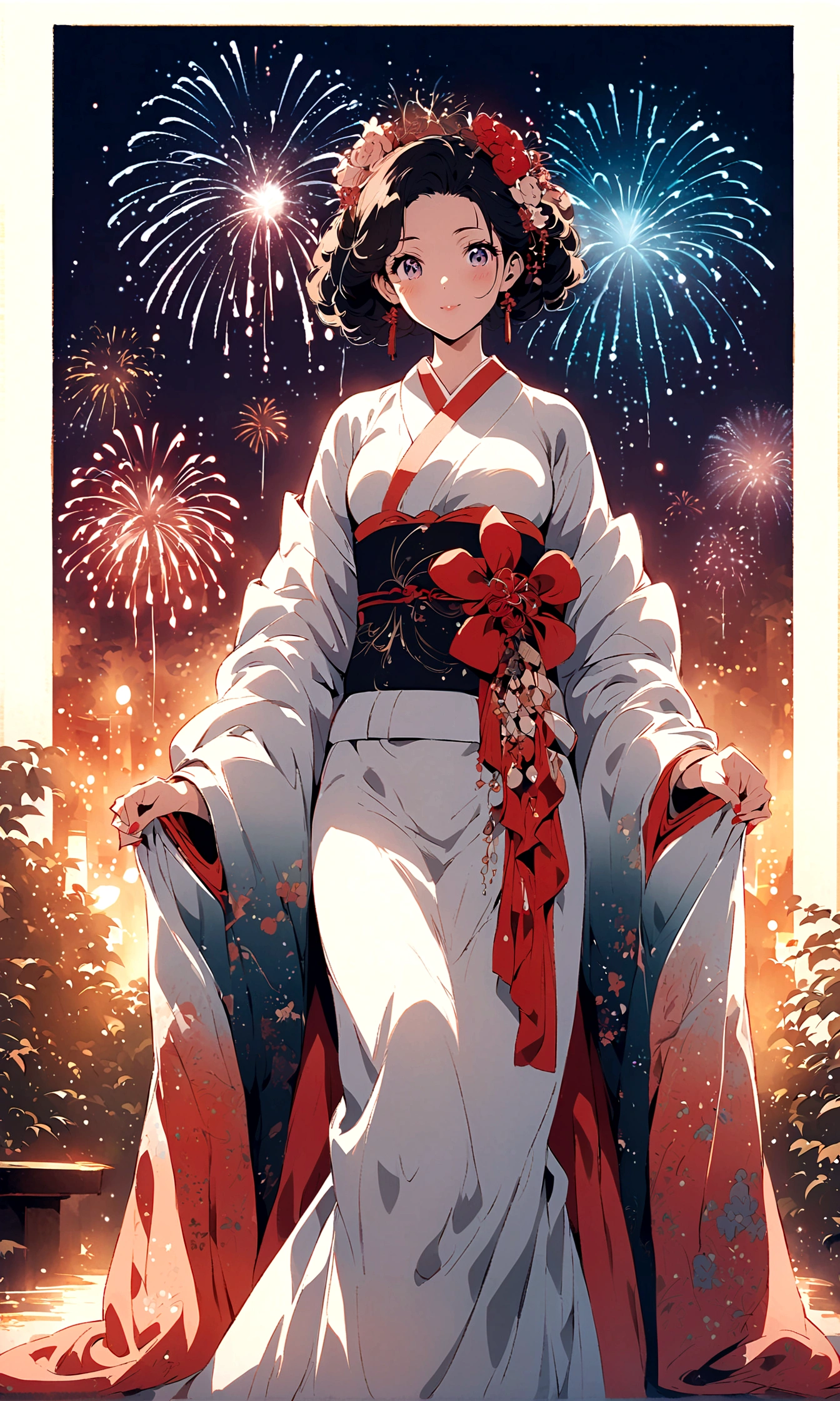 ((Illustration style))，Anime style, Maiko, A woman in an elegant kimono, fireworks, charming