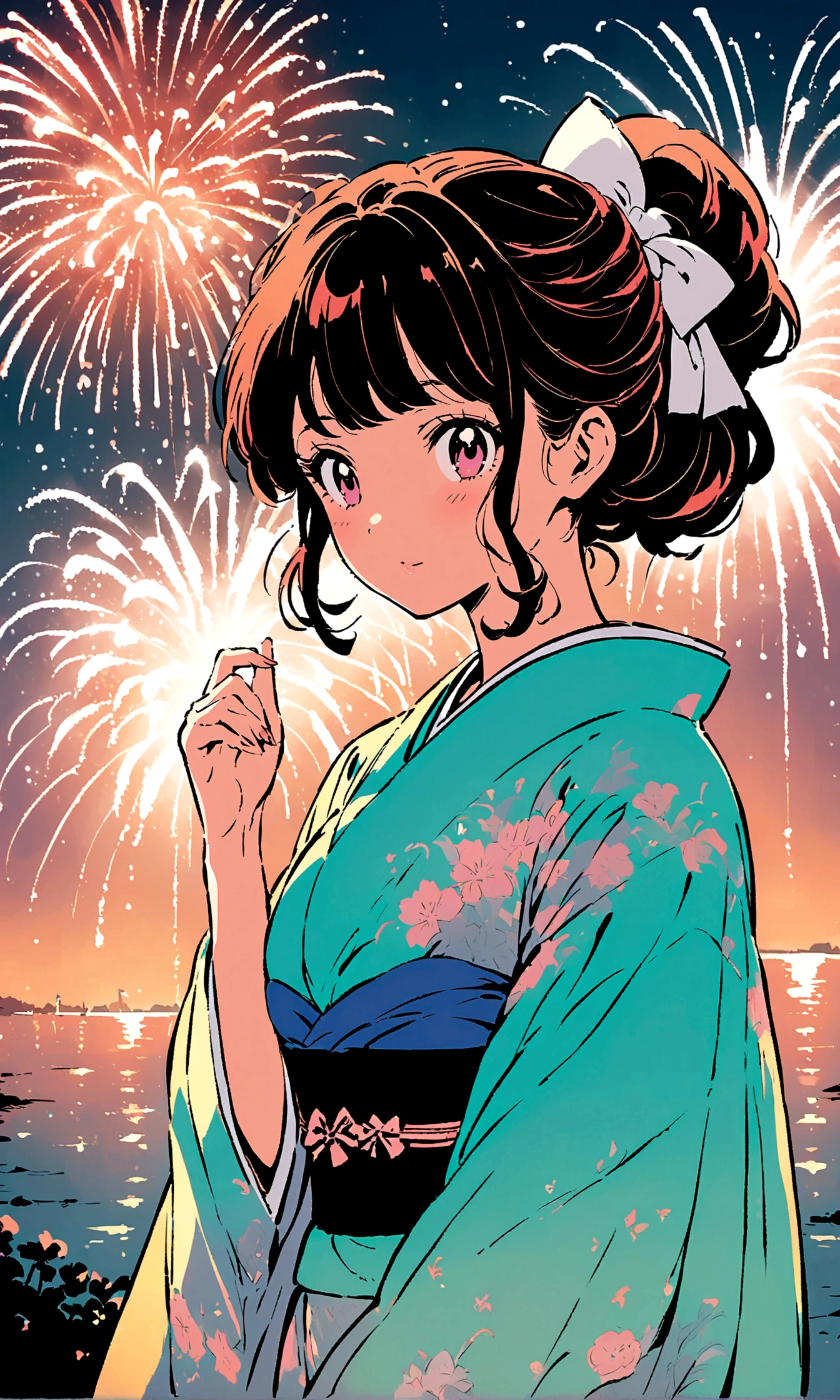 ((Illustration style))，Anime style, Maiko, A woman in an elegant kimono, fireworks, charming