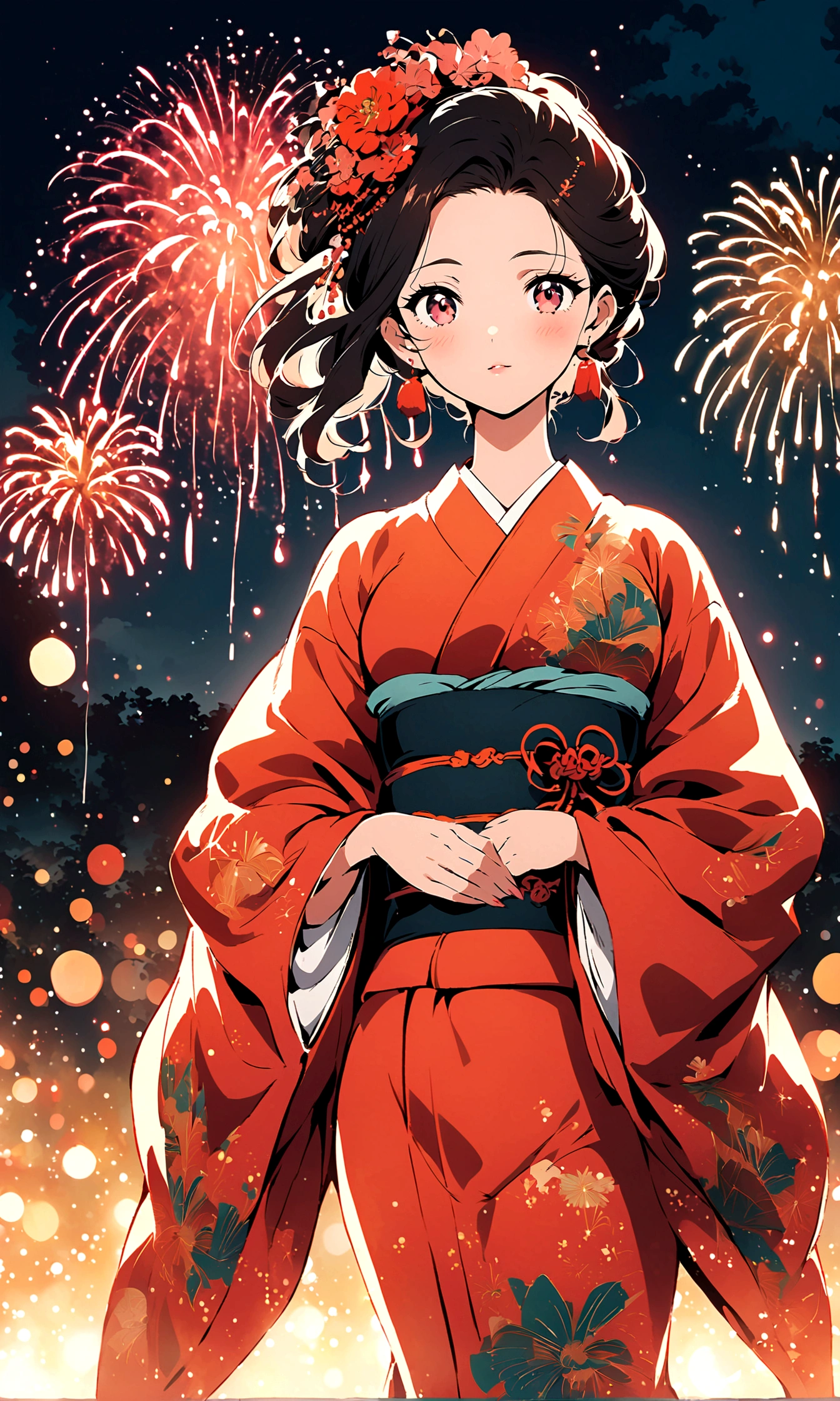 ((Illustration style)),Anime style, Maiko, A woman in an elegant kimono, fireworks, charming